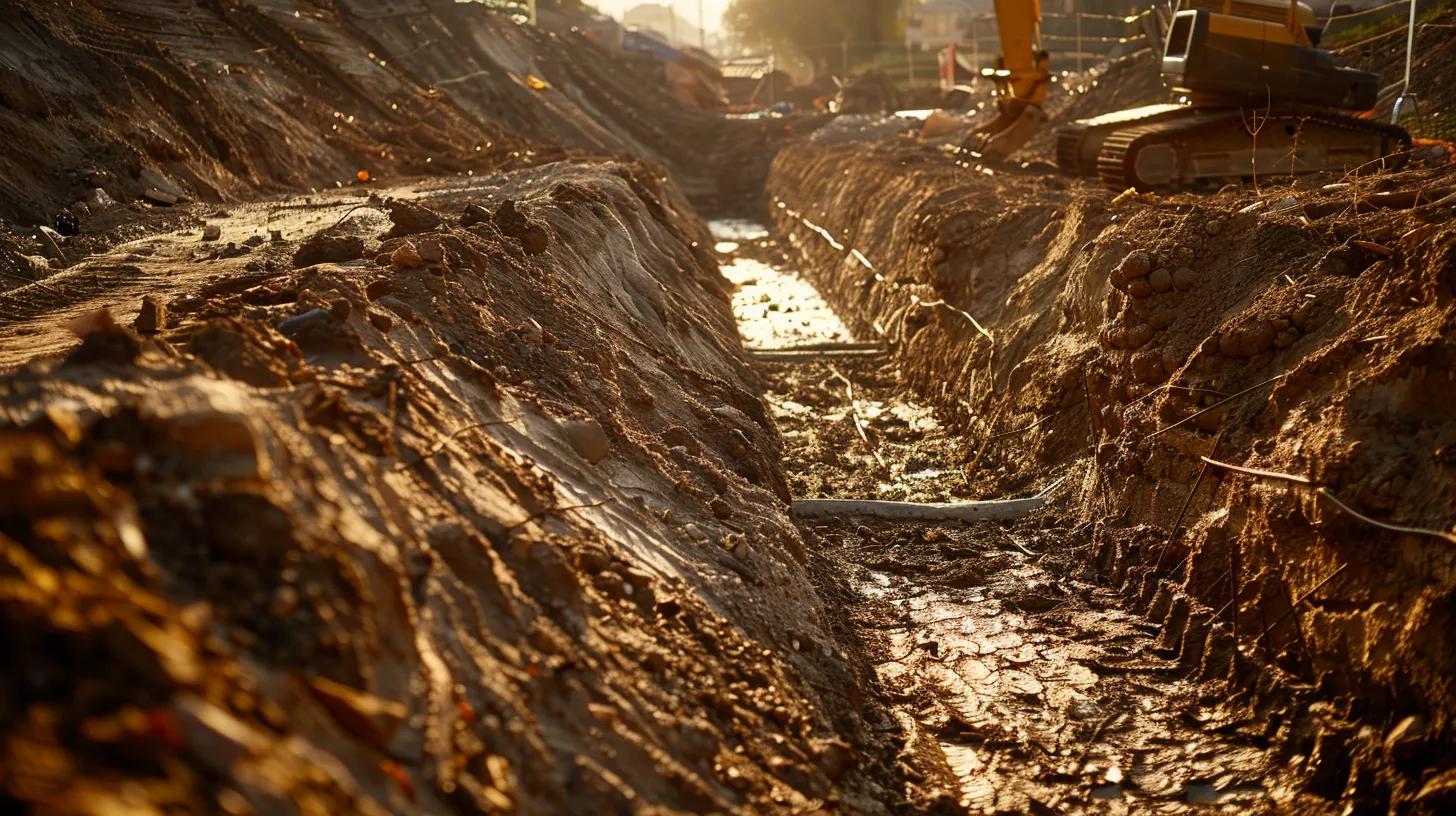 a focused construction site scene shows a neatly outlined trench for a french drain, with excavation tools like a shovel and a pickaxe arranged methodically beside a freshly dug, precise trench that slopes gently, illuminated by clear, artificial worksite lighting.