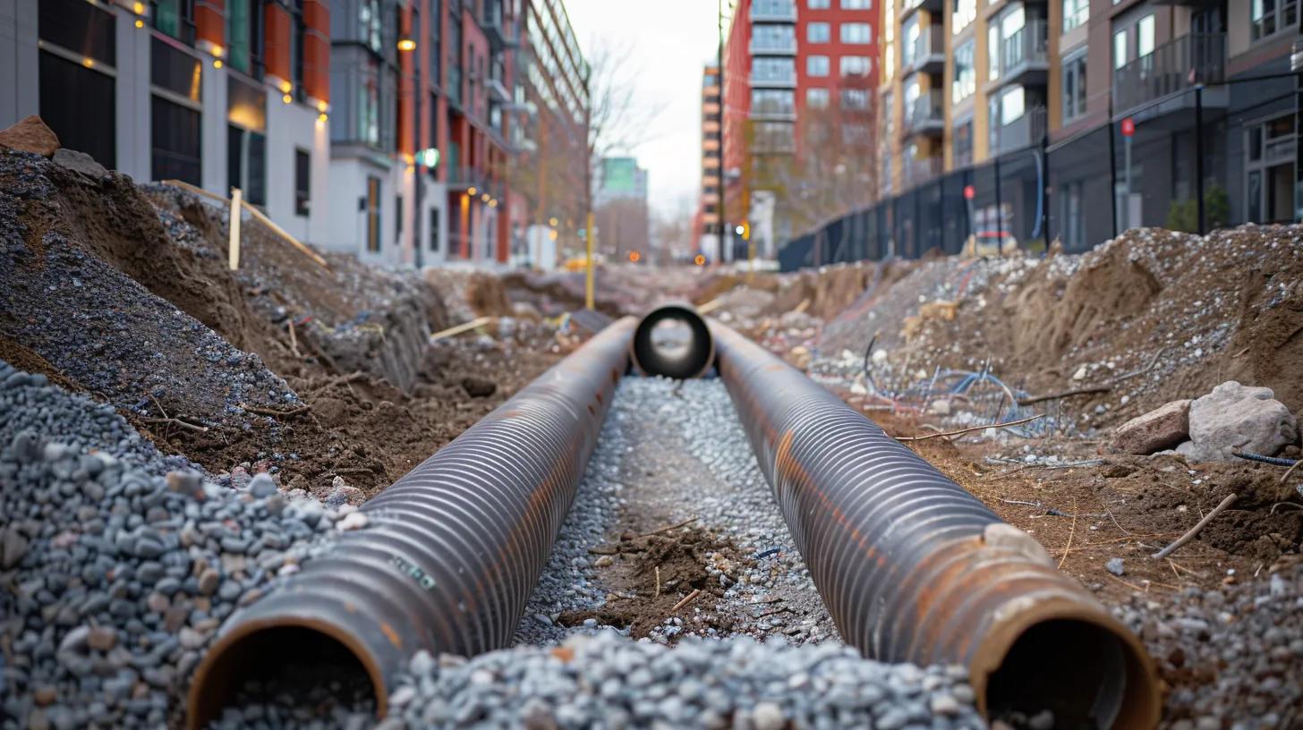 a meticulously arranged trench in an urban setting showcases a newly installed perforated pipe surrounded by gravel, highlighting the precision and importance of efficient drainage systems for optimal water flow.