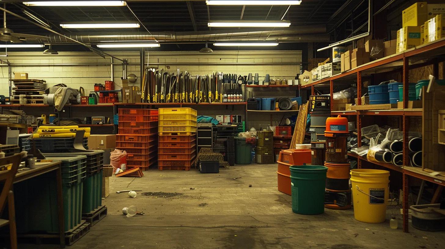 a well-organized construction workspace filled with a variety of high-quality tools, including shovels, buckets, and drainage pipes, arranged neatly on a sturdy wooden table, illuminated by bright overhead lights.