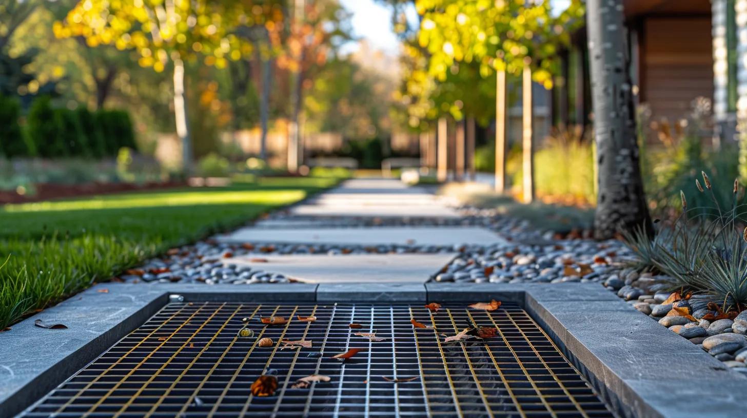 a well-organized urban landscape showcases a modern french drain system, meticulously covered and maintained, with clean lines and a polished finish, emphasizing its durability and functionality within a stylish driveway setting.