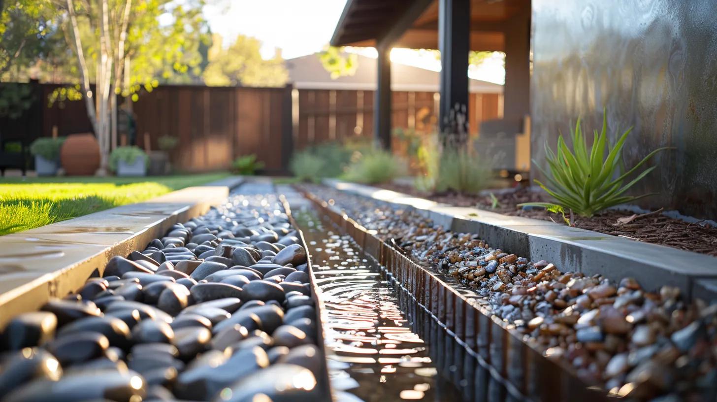 a well-designed french drain system is prominently featured in a modern residential yard, showcasing a trench filled with gravel that guides water efficiently away from the foundation, highlighted by clear, structured lines and an urban backdrop to emphasize effective drainage solutions.