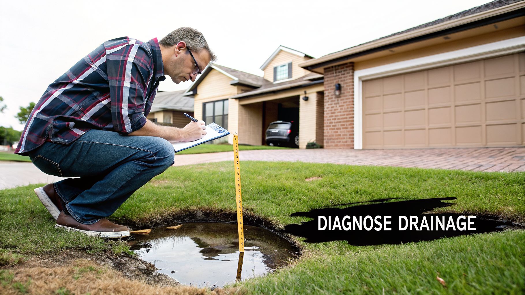 A man crouches, measuring a puddle with a yellow stick and clipboard to diagnose lawn drainage.