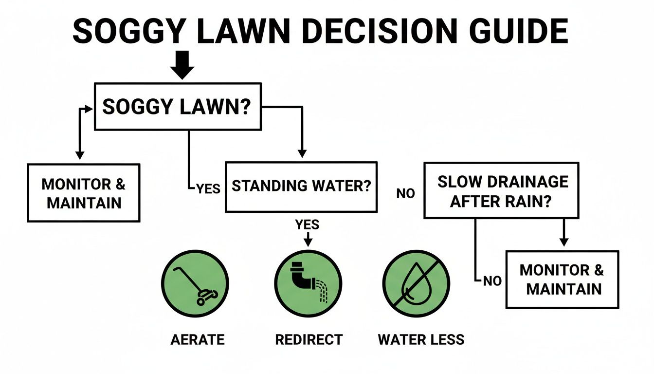 A decision guide flowchart for diagnosing and solving soggy lawn problems, including aeration and water management.