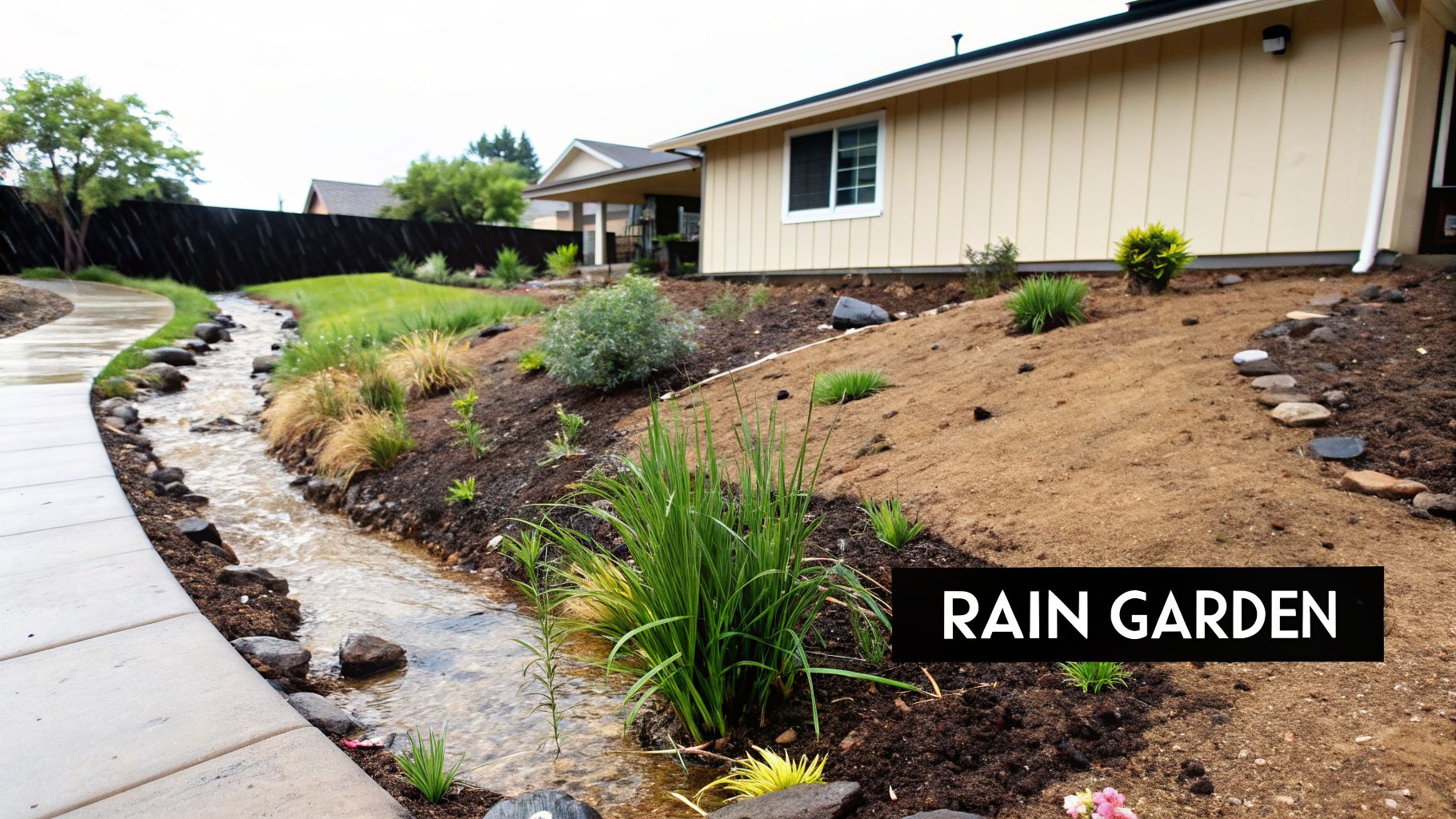 A beautifully designed rain garden with a winding stream, lush plants, and a paved path next to a house.