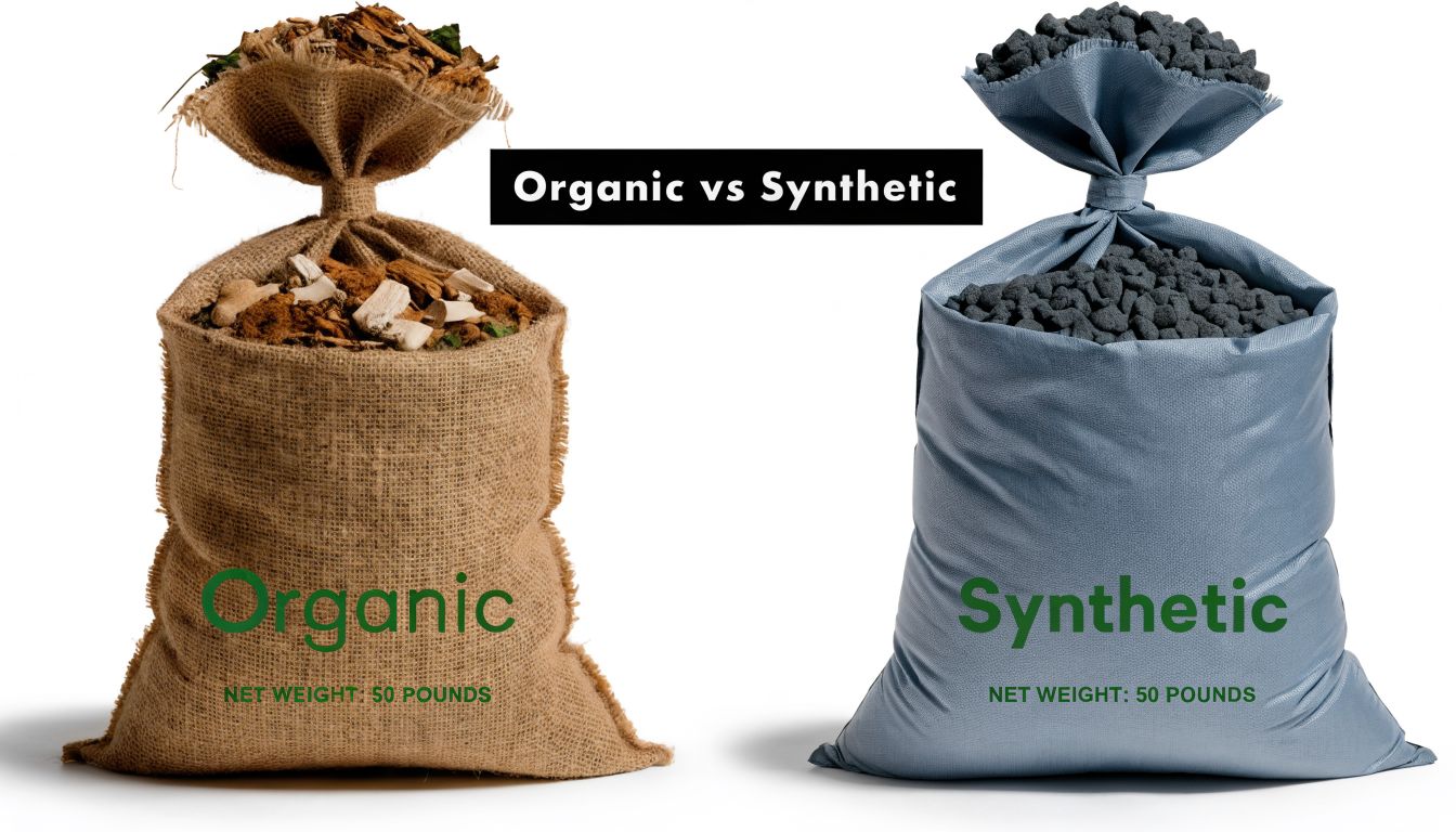 A side-by-side comparison of a burlap sack of organic fertilizer and a blue bag of synthetic fertilizer.