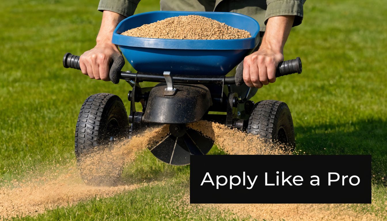 A person uses a professional broadcast spreader to evenly apply fertilizer across a green lawn.