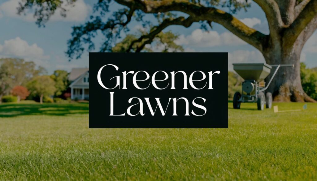 Black sign with white 'Greener Lawns' text placed on a green lawn, with trees and a house in the background.