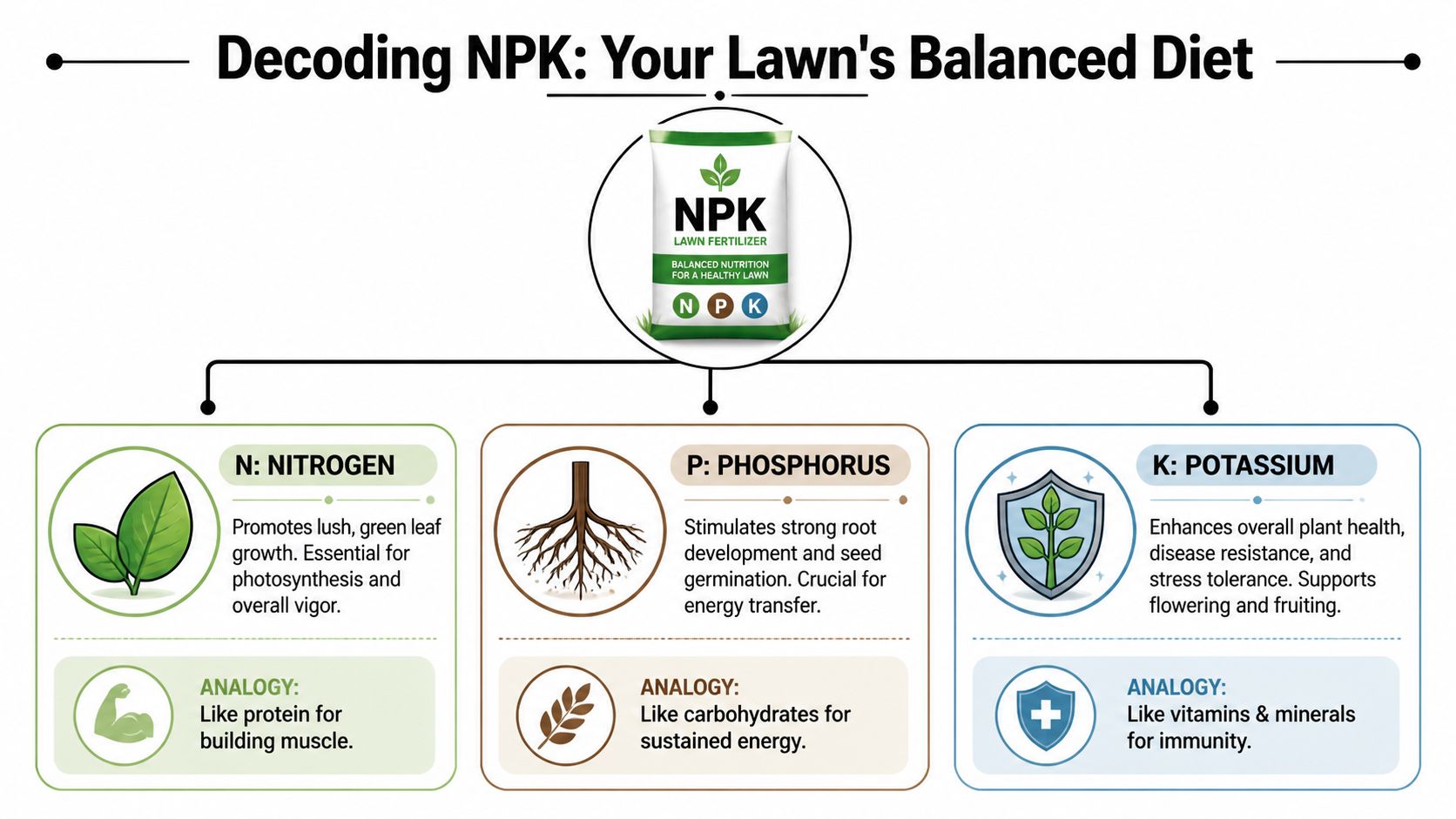 An infographic explaining NPK fertilizer components: Nitrogen for growth, Phosphorus for roots, and Potassium for plant health.