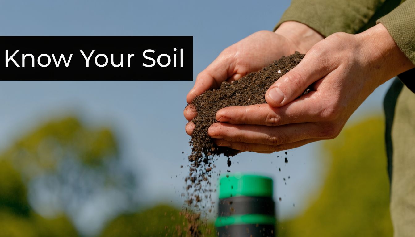 A close-up of a person holding rich soil in their hands with text overlay saying Know Your Soil.