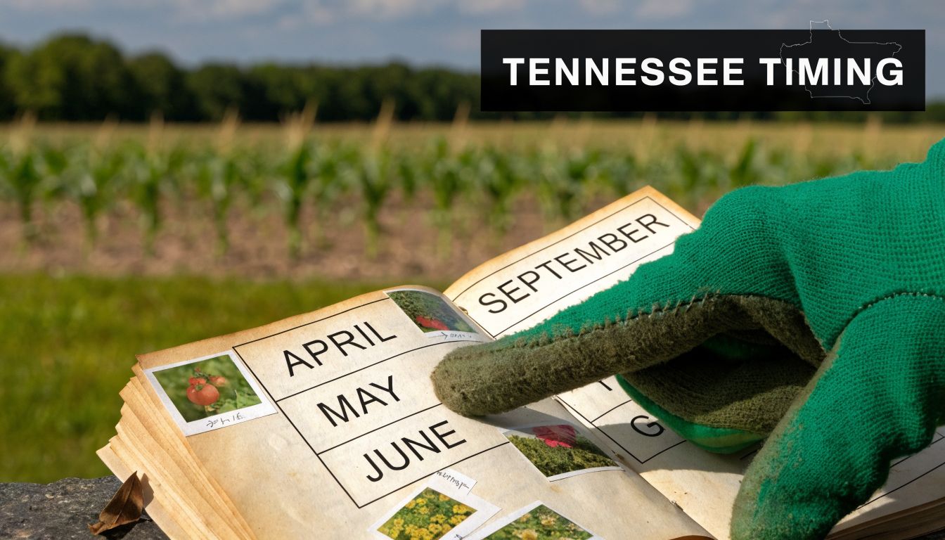 A gloved hand points at a gardening guide listing months for planting in a field.
