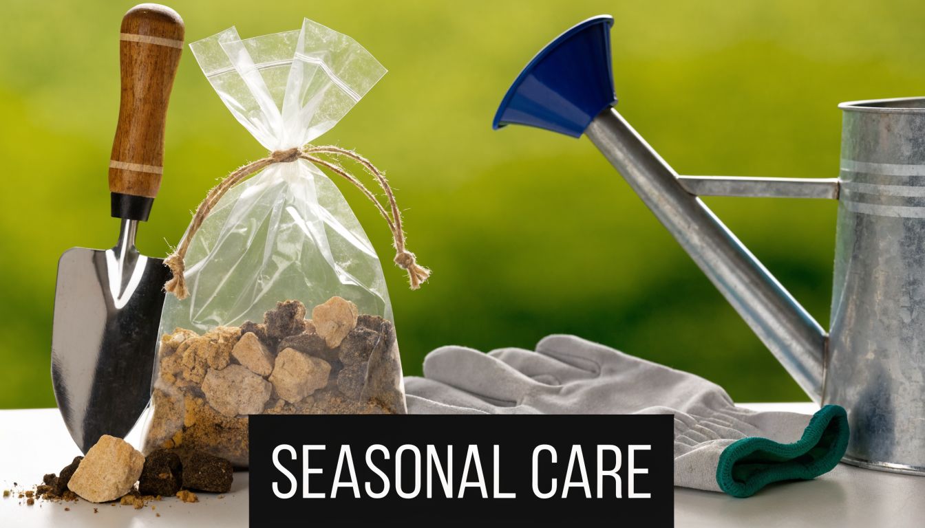 A wooden-handled trowel, a bag of soil, a watering can, and gardening gloves on a table.