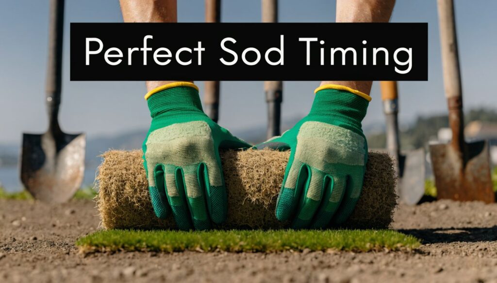 Close-up of gloved hands rolling a sod turf on soil with shovels in the background and the banner text 'Perfect Sod Timing' above.