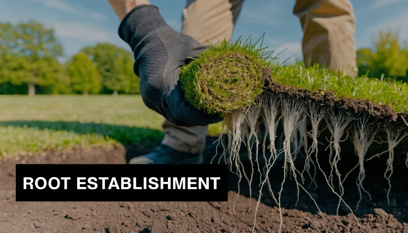 A person wearing gloves places a roll of fresh green sod into soil for root establishment.