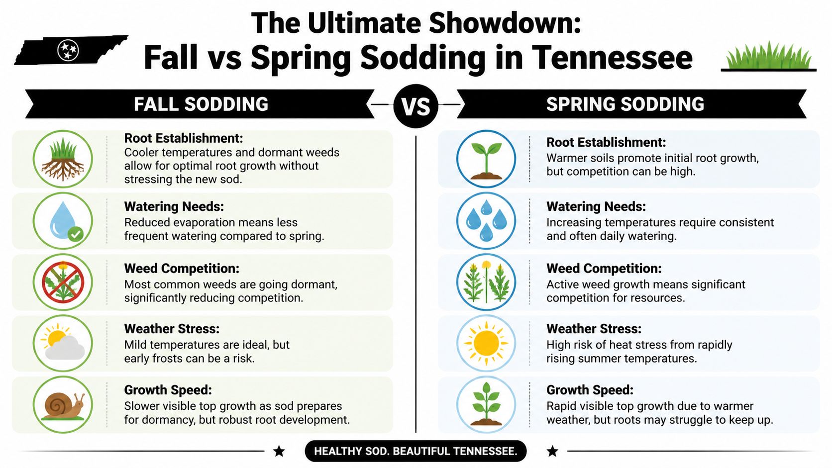 A comparison chart showing the advantages and disadvantages of laying sod in fall versus spring in Tennessee.