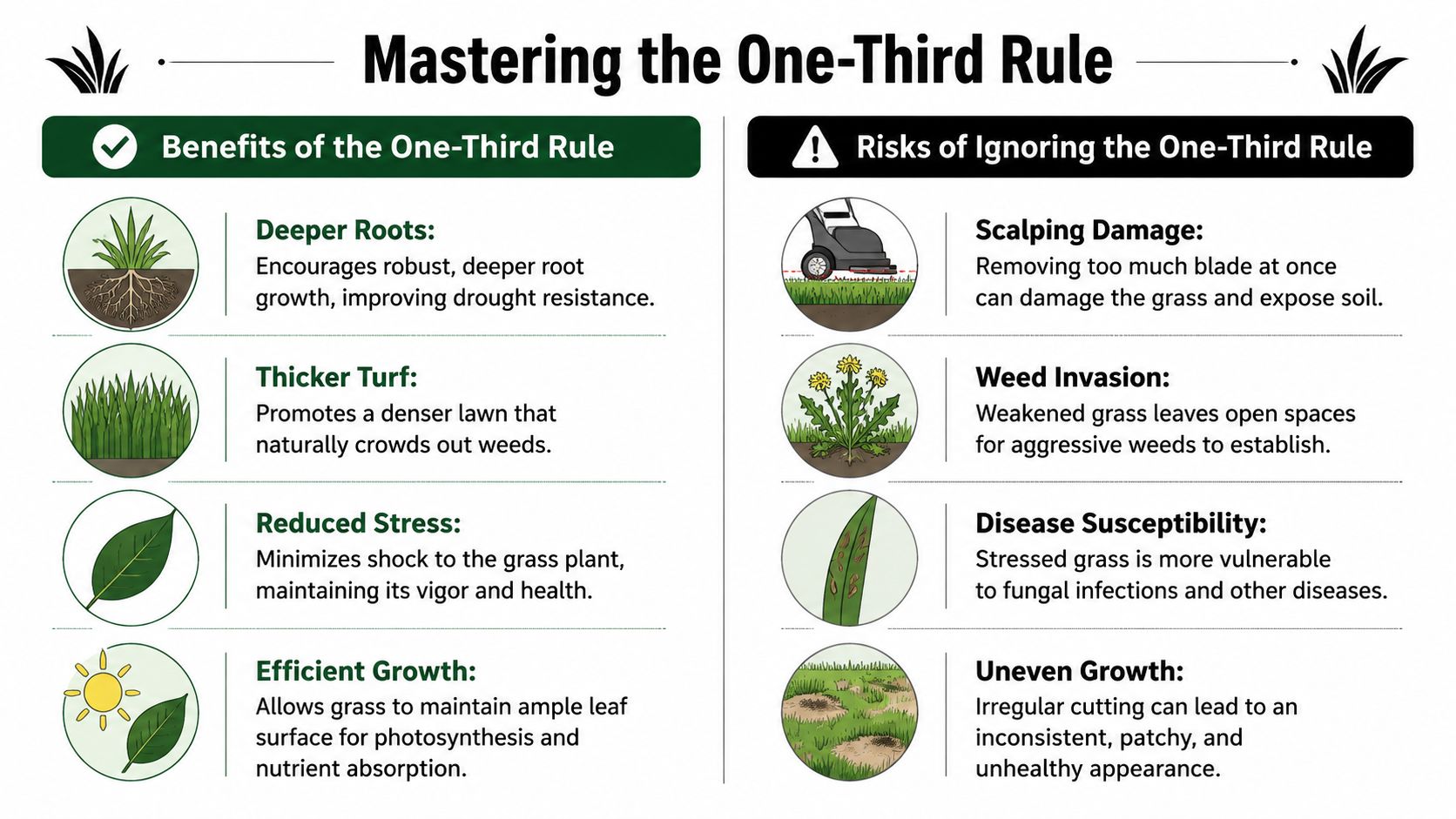 An infographic detailing the benefits and risks of following the lawn mowing one-third rule for healthy grass.