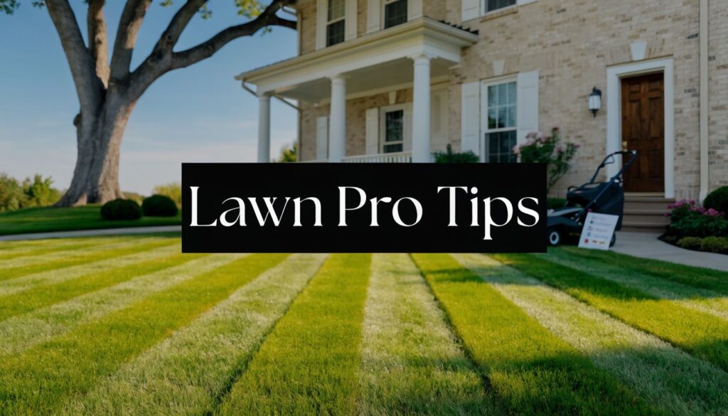 Front lawn with striped green grass in front of a brick house; a lawn mower sits by the porch and a black banner reads 'Lawn Pro Tips' across the center.