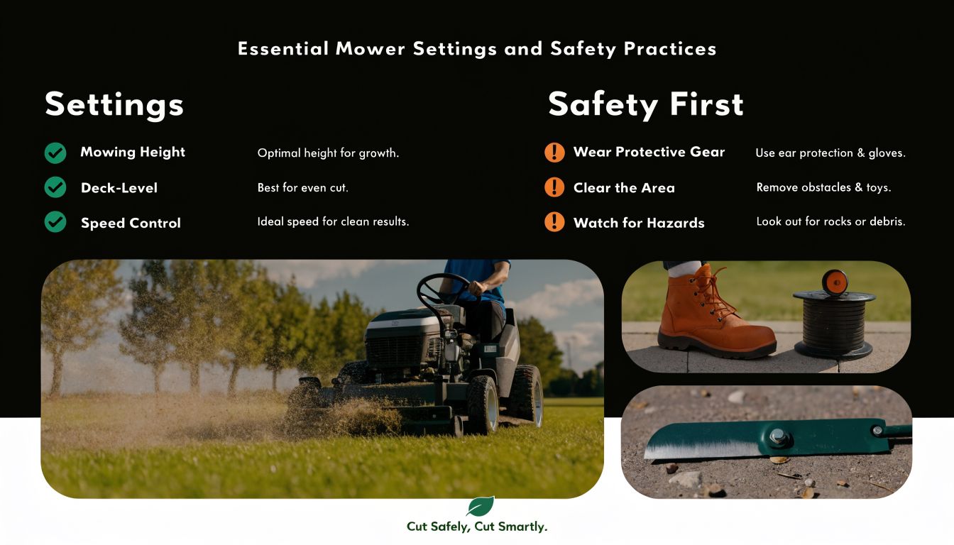 A graphic featuring essential lawn mower settings and safety tips, including gear and debris awareness guidelines.