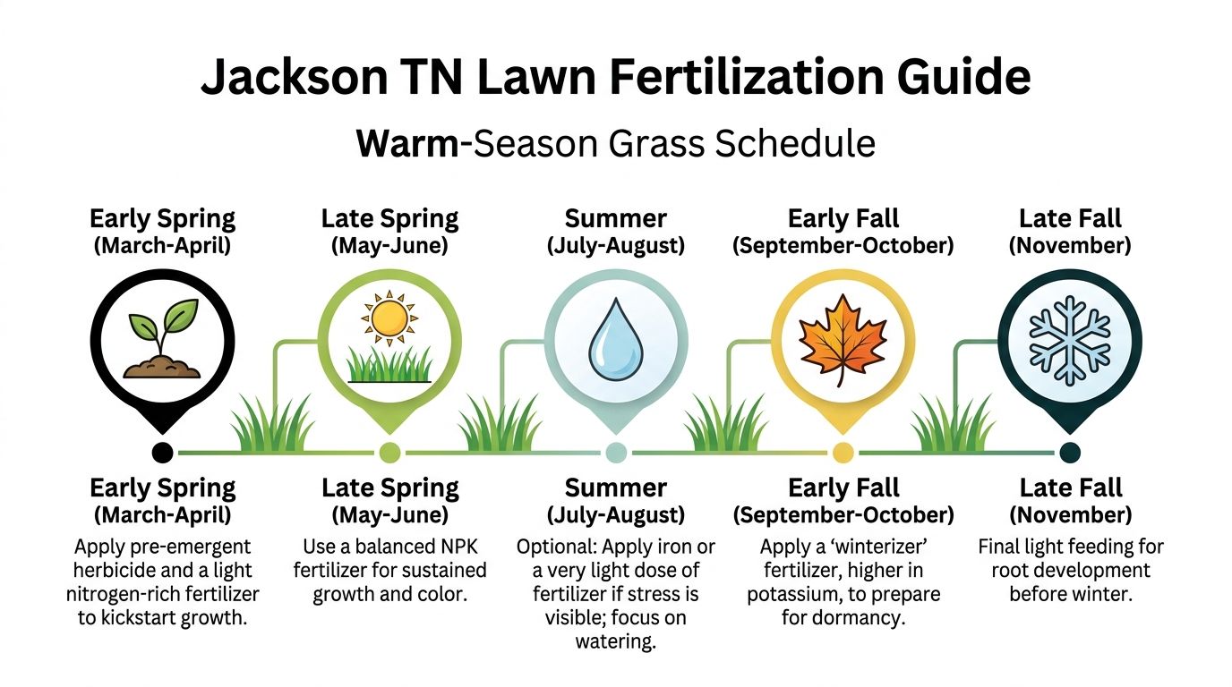A seasonal lawn fertilization guide for warm-season grasses in Jackson, TN, outlining care from spring to winter.