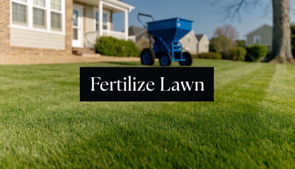 Lawn care ad banner: green front yard with a blue fertilizer spreader and the text 'Fertilize Lawn' in a black rectangle.