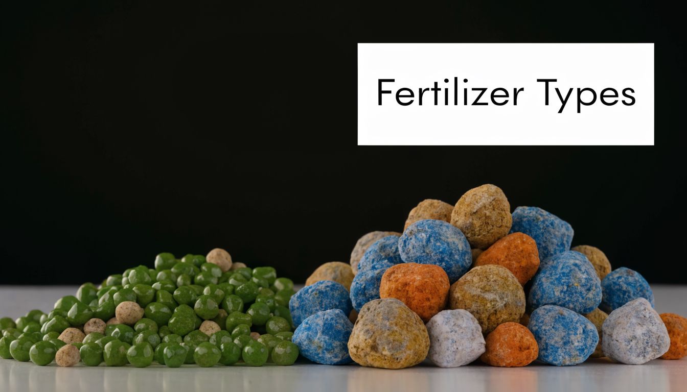 A close-up view of two different types of colorful agricultural fertilizer pellets on a table.