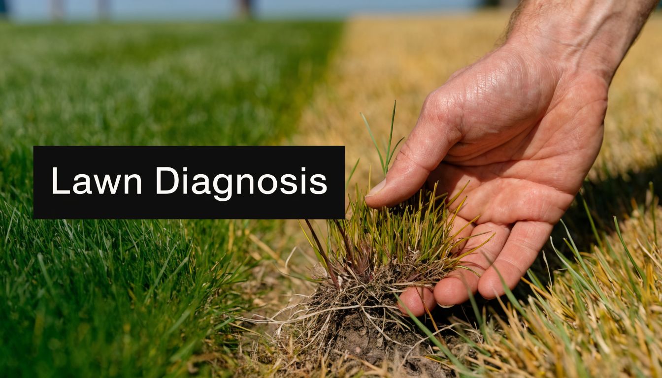 A gardener holding a clump of damaged grass to examine lawn health near a dead patch.