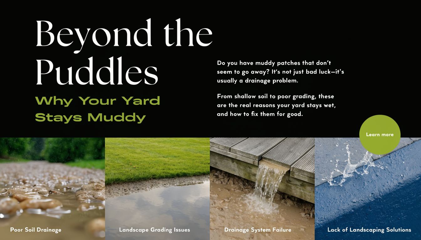 Informative graphic explaining common causes for a perpetually muddy yard, including drainage issues and poor grading.