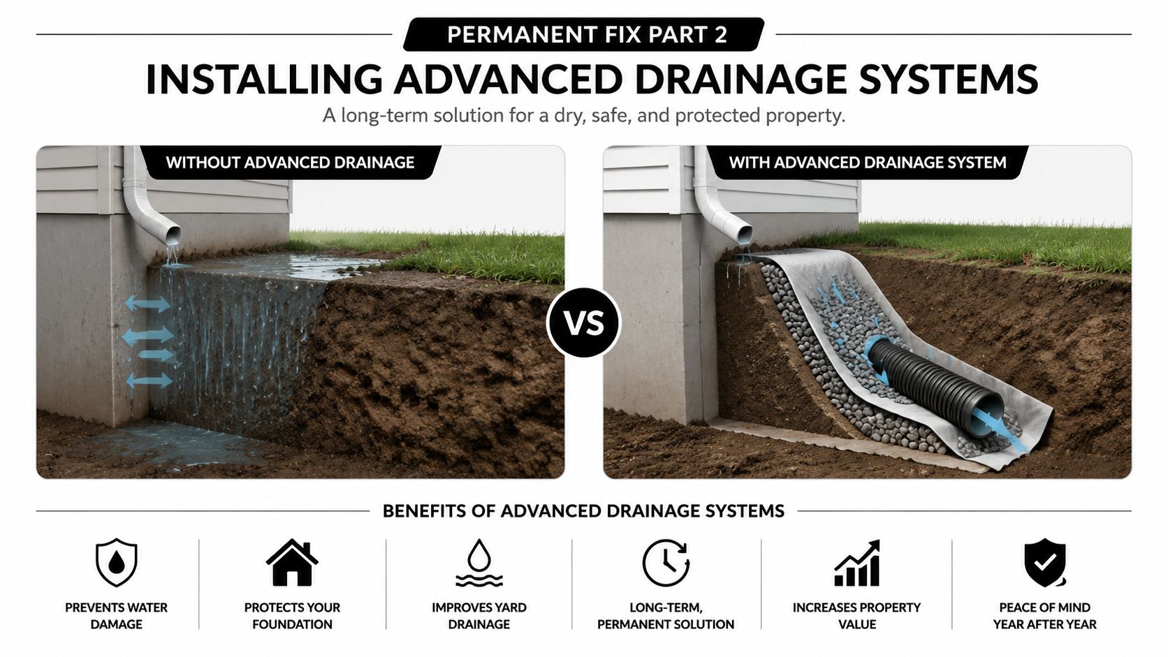 A diagram comparing a home foundation with and without an advanced drainage system to prevent water damage.