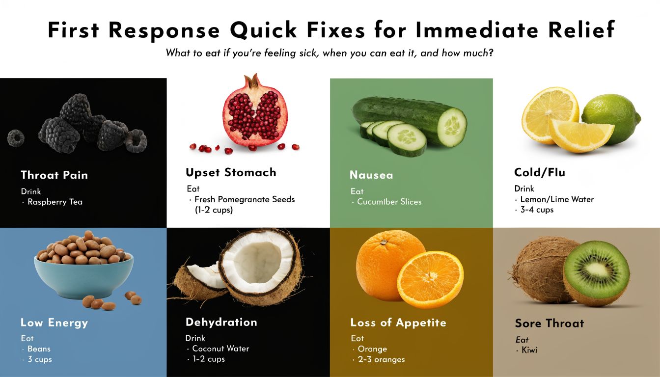 An infographic titled First Response Quick Fixes showing various fruits and foods for common health ailments.