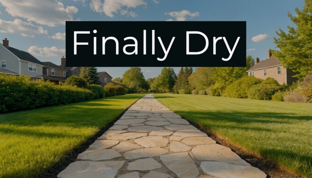 Banner reads 'Finally Dry' over a stone walkway in a sunny suburban lawn.