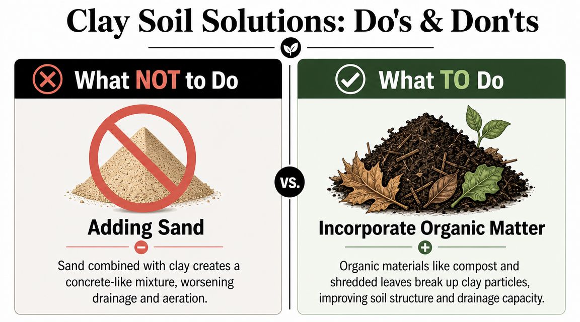 A comparison infographic showing that you should add organic matter, not sand, to improve clay soil.