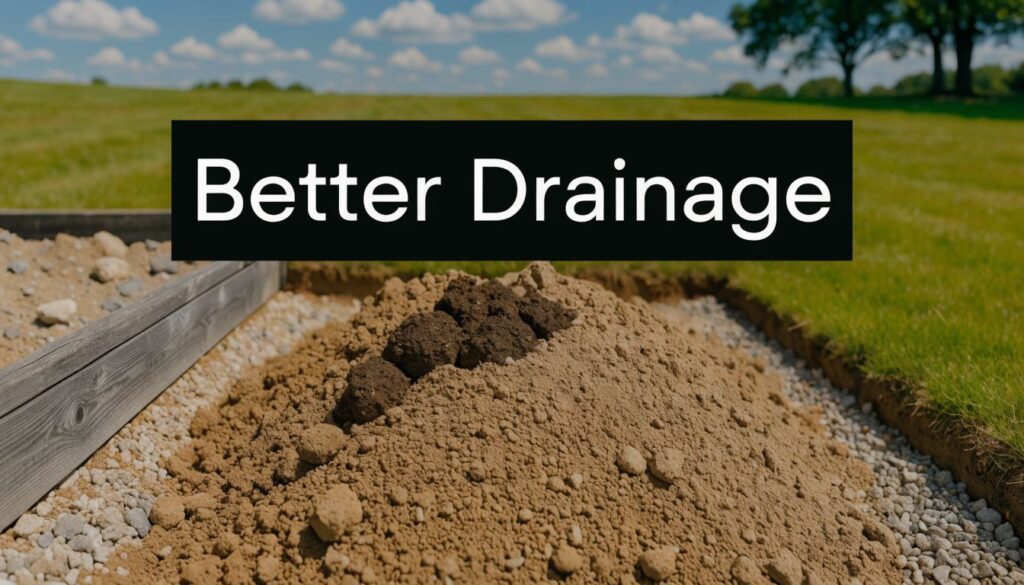 Soil mound and gravel beside a wooden border on a sunny lawn; overlay reads 'Better Drainage'.
