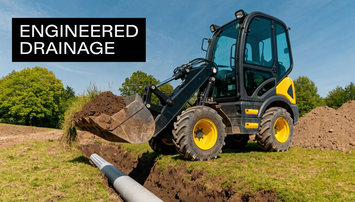 A yellow and black tractor digging a trench to install drainage pipes in a field.
