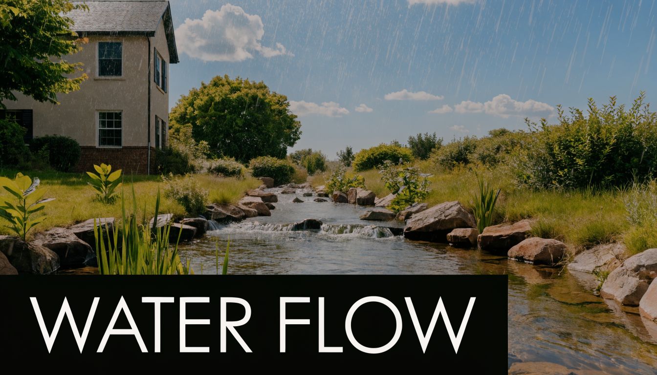 A scenic landscape featuring a flowing creek through a yard next to a house during rain.