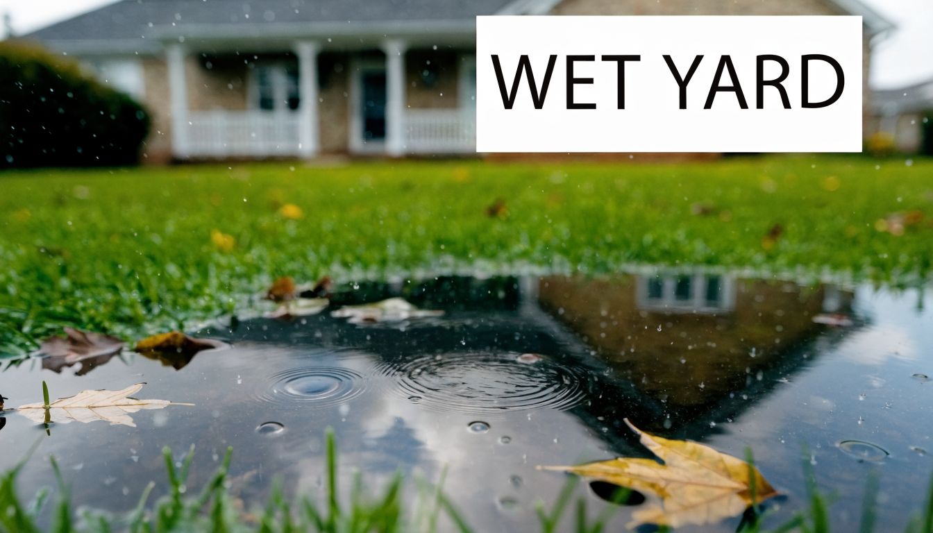 A rainy day in a backyard with a large puddle of standing water on the green grass.