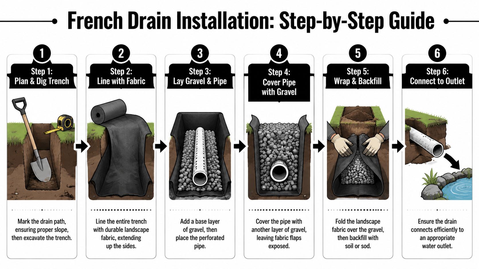 An infographic detailing the six-step process for professional French drain installation in a residential yard.