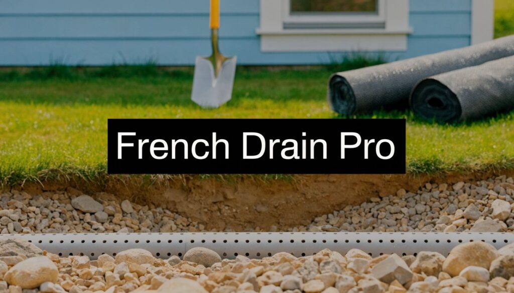 Shovel near a trench with gravel and a perforated drainage pipe; a bold 'French Drain Pro' banner overlays the scene.