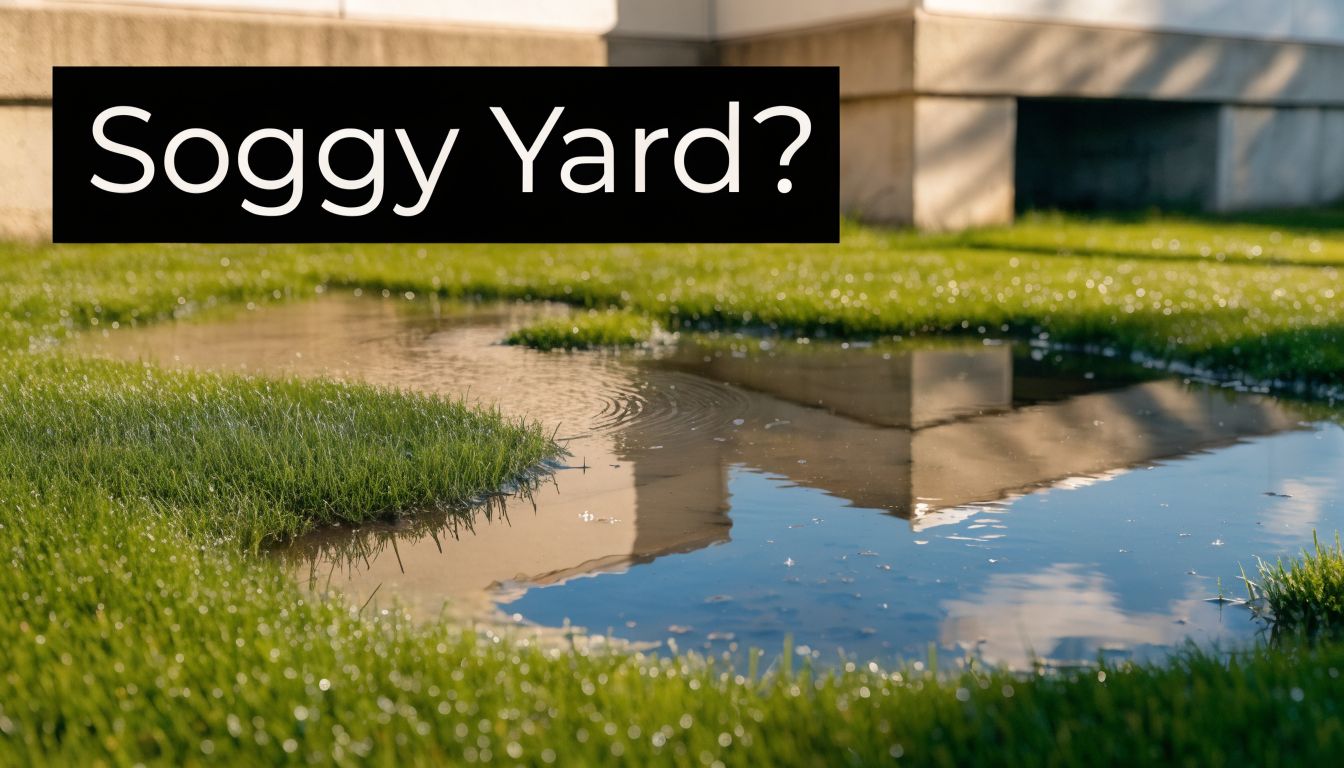 A large puddle of standing water gathering in a grassy backyard near the house foundation.