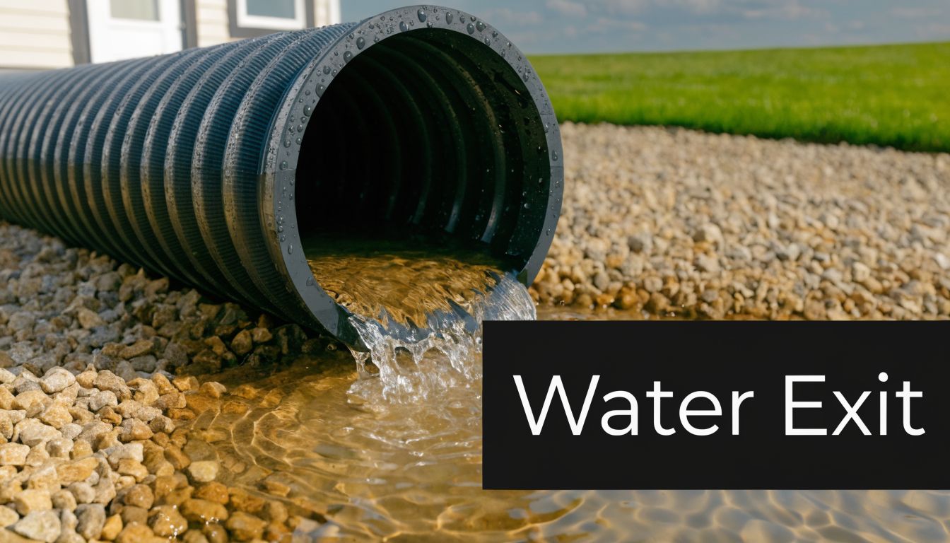 A black corrugated plastic drainage pipe exiting water onto a gravel bed next to a lawn.