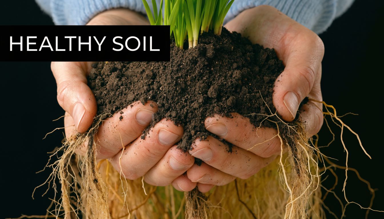 A close-up of a person's hands holding rich, dark, healthy soil containing green grass and roots.