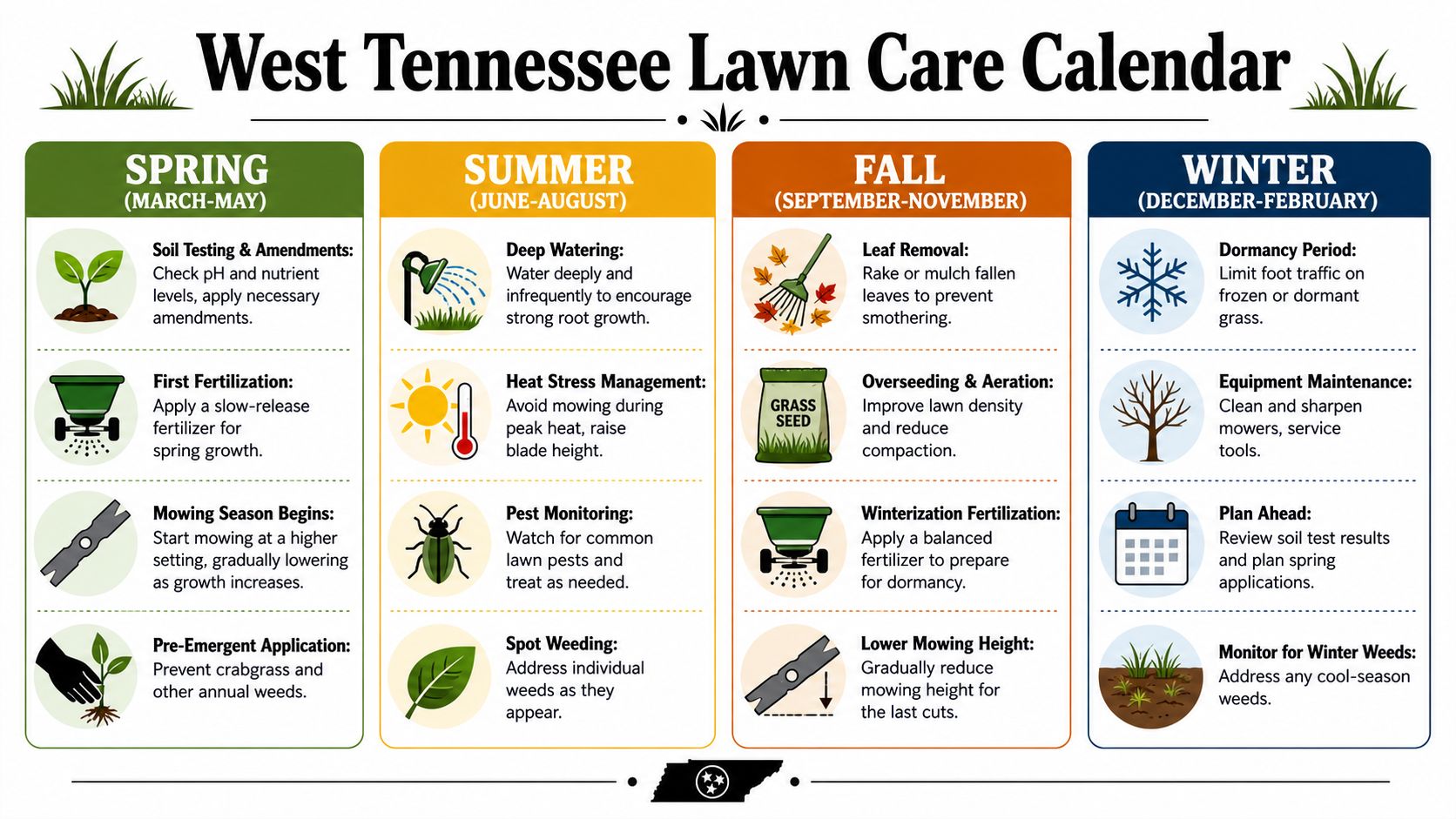A seasonal infographic titled West Tennessee Lawn Care Calendar, illustrating lawn maintenance tasks for every time of year.