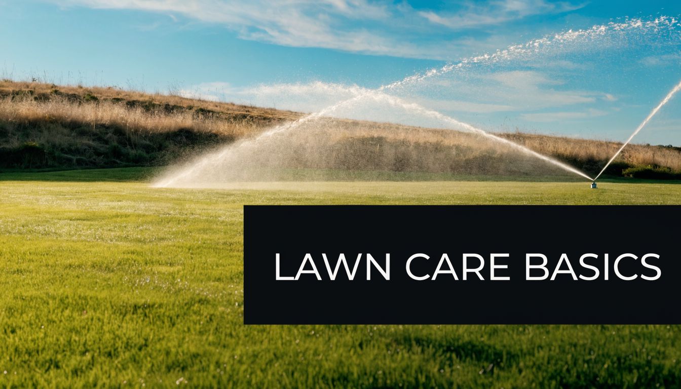 A sprinkler watering a green grass lawn under a bright sunny blue sky with text overlay.