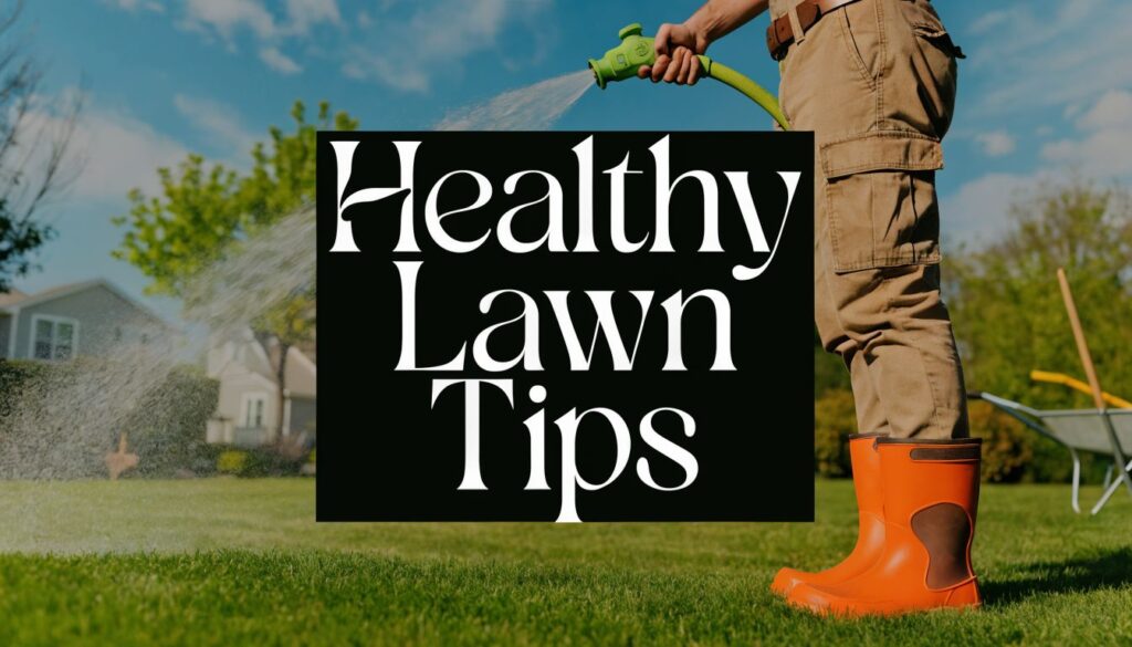 Person watering a lawn with a green hose; black card in center reads 'Healthy Lawn Tips'.