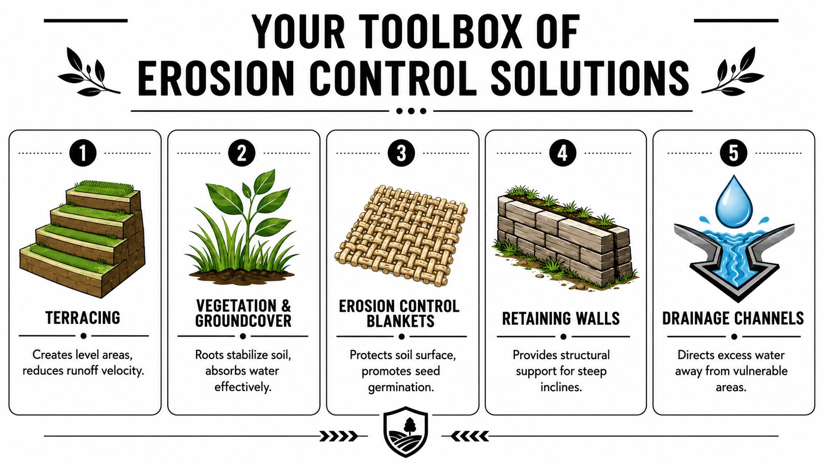 A diagram illustrating five effective erosion control solutions including terracing, vegetation, erosion blankets, retaining walls, and drainage channels.