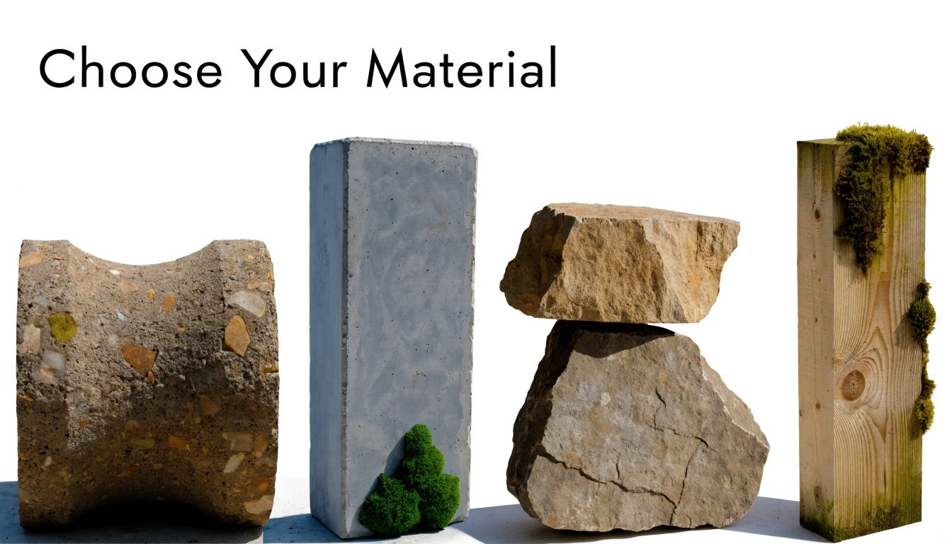 A display showing various materials like concrete, stone, and wood for building construction projects.