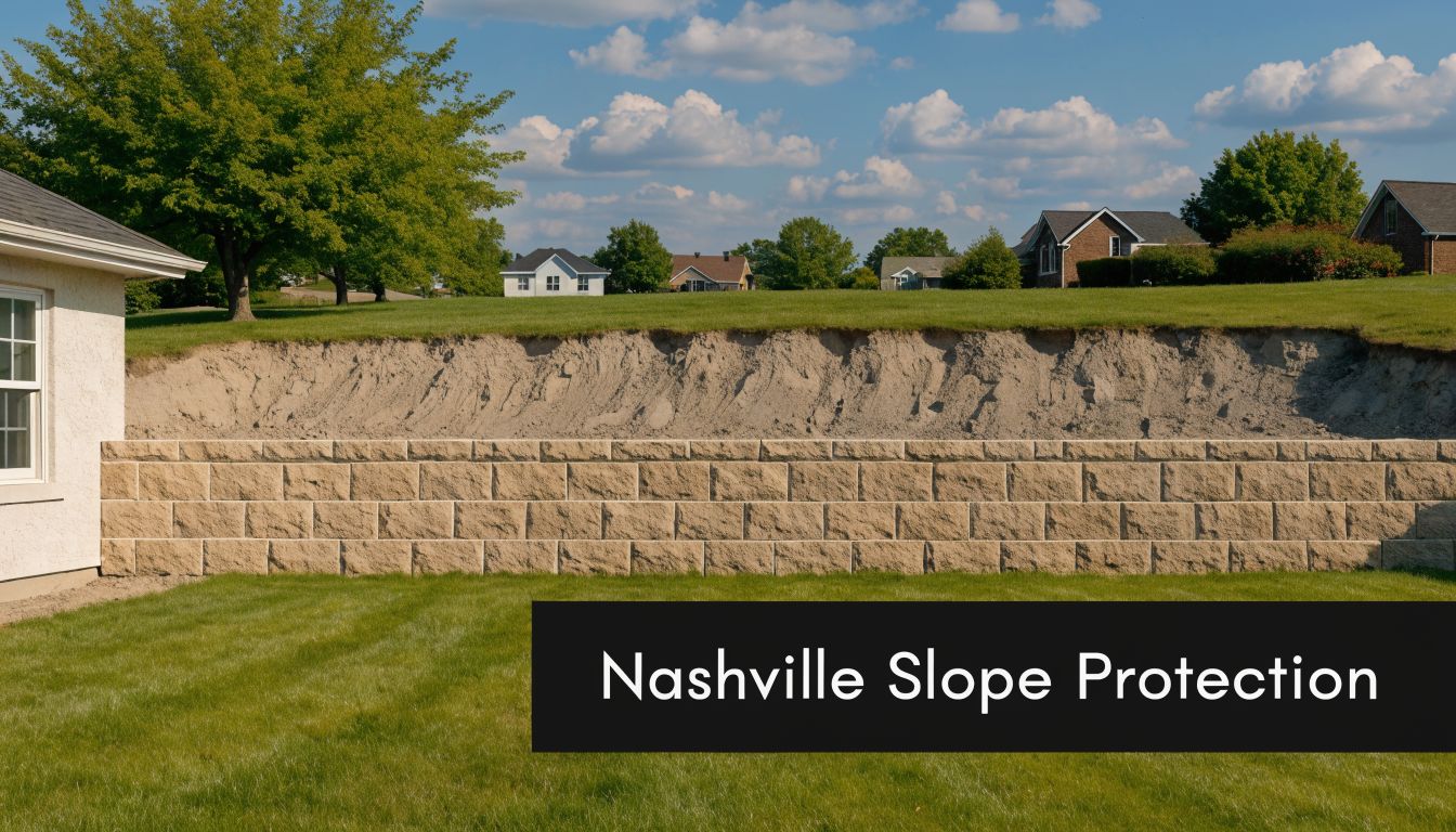 A beige concrete block retaining wall built in a residential backyard to protect against soil erosion.