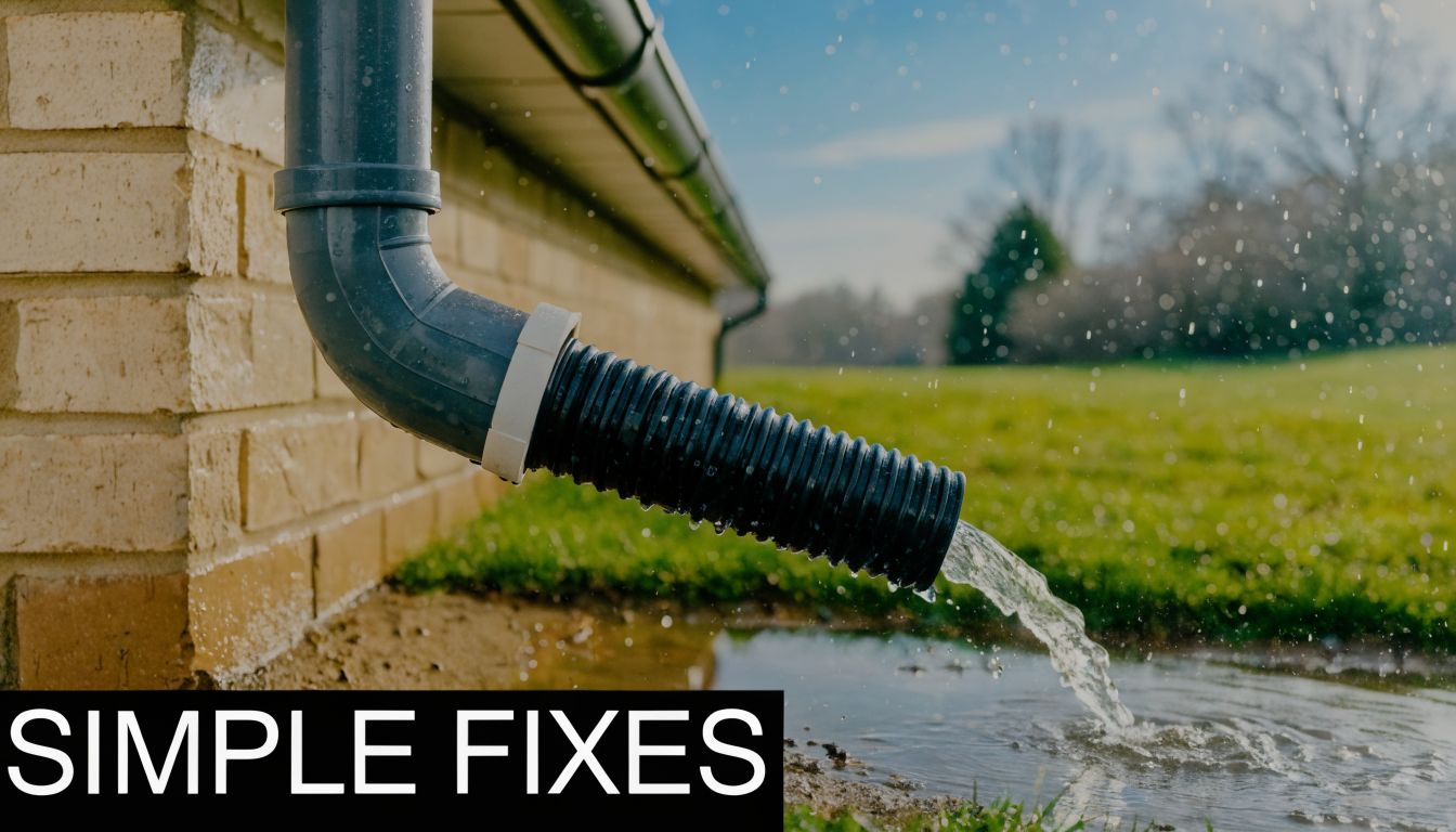 A black plastic downspout extension draining rainwater into a puddle on the grassy yard near a brick house.