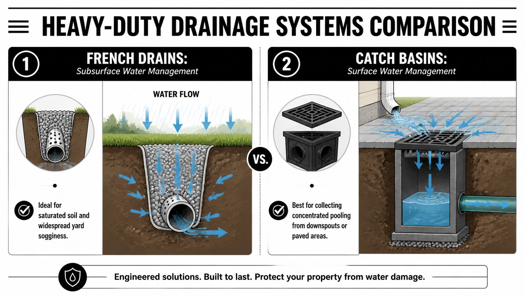 A comparison chart showing French drains for subsurface water and catch basins for surface water drainage.