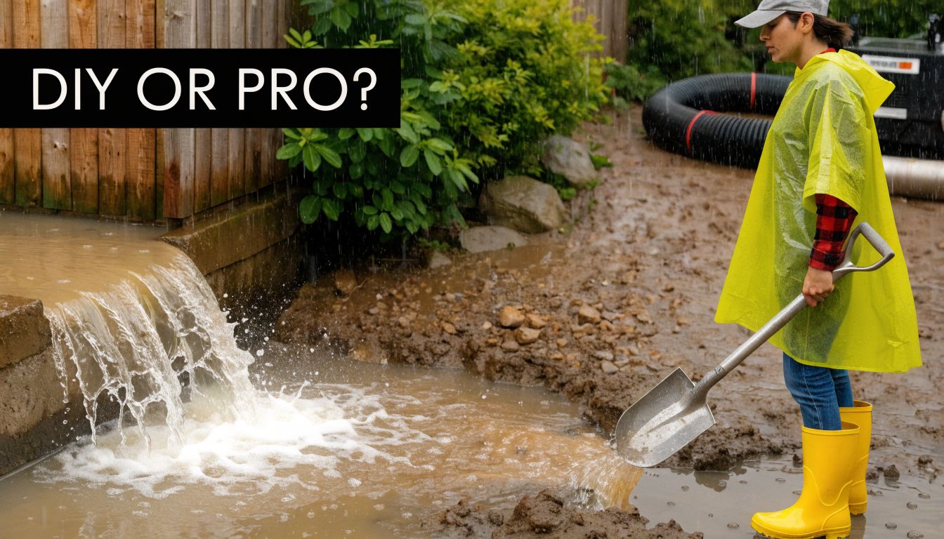 A person in a yellow raincoat standing in a muddy, flooded yard holding a metal shovel.