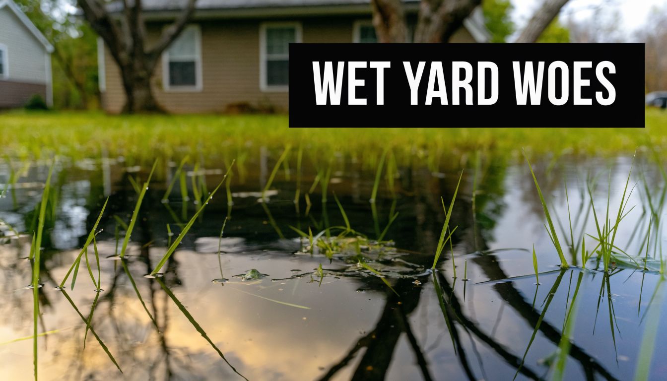 A close-up view of a flooded lawn with grass blades poking through the calm standing water.