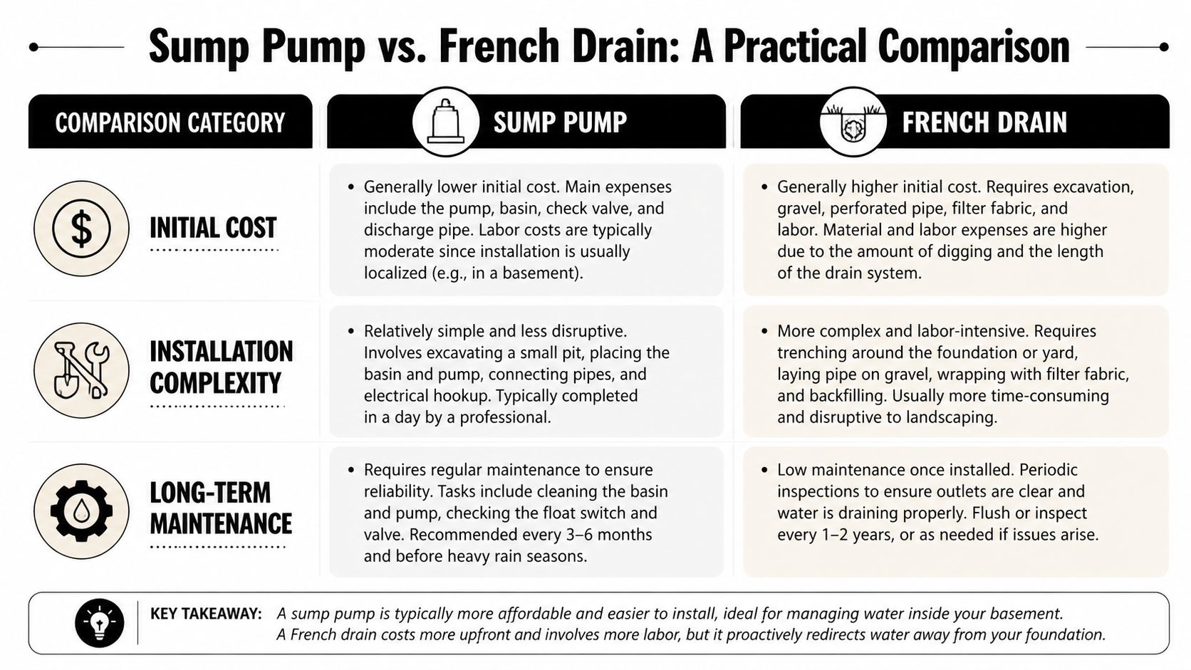 A comparison chart outlining the differences in cost, installation, and maintenance between sump pumps and French drains.